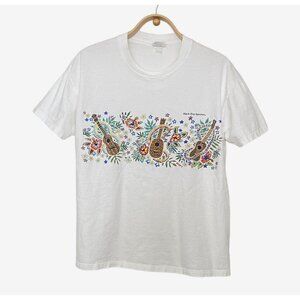 Reyn Spooner Slack-Key T-Shirt Eddy Y Guitar Floral White Size L